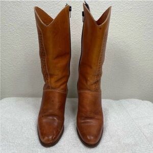 Vintage 9 West Brazil Women's Cognac Woven Zip Almond Heel Western Boot Size 6.5